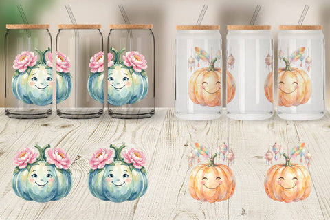 Glass Can Watercolor Boho Floral Smiling Pumpkin Sublimation artnoy 