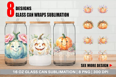 Glass Can Watercolor Boho Floral Smiling Pumpkin Sublimation artnoy 