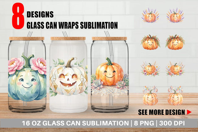 Glass Can Watercolor Boho Floral Smiling Pumpkin Sublimation artnoy 