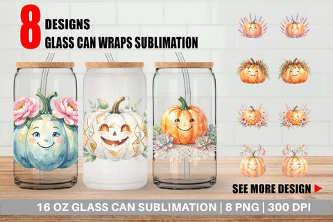 Glass Can Watercolor Boho Floral Smiling Pumpkin Sublimation artnoy 