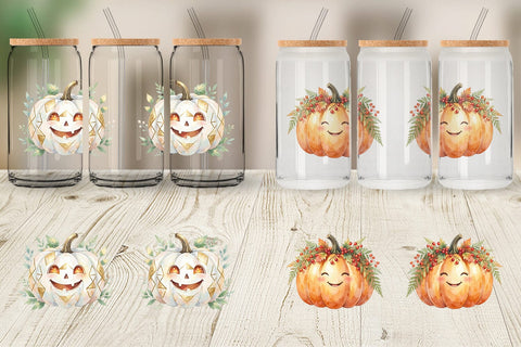 Glass Can Watercolor Boho Floral Smiling Pumpkin Sublimation artnoy 