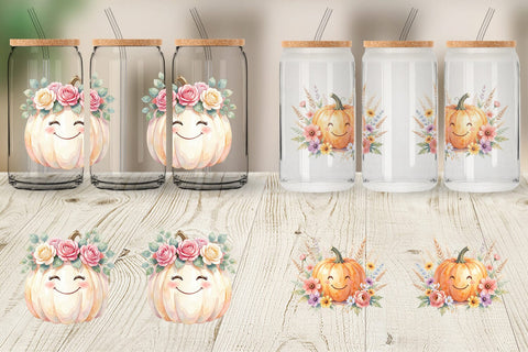 Glass Can Watercolor Boho Floral Smiling Pumpkin Sublimation artnoy 
