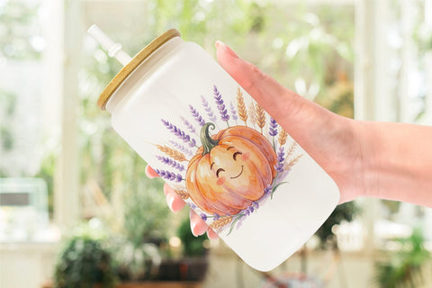 Glass Can Watercolor Boho Floral Smiling Pumpkin Sublimation artnoy 
