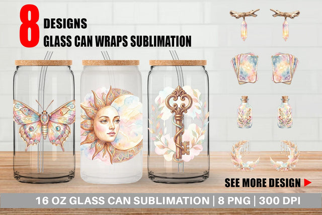 Glass Can Watercolor Boho Mystical Celestial Art Sublimation artnoy 