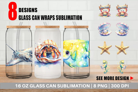Glass Can Watercolor Boho Ocean Nursery Animal Sublimation artnoy 