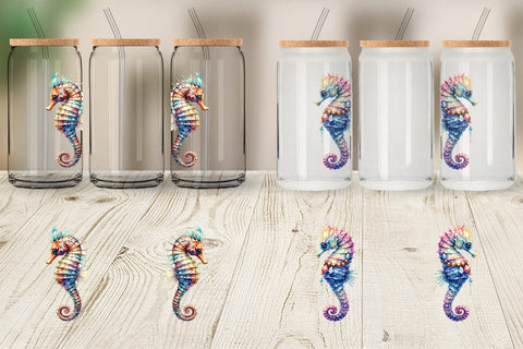 Glass Can Watercolor Boho Seahorse Tribal Art Sublimation artnoy 