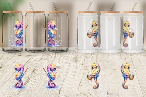 Glass Can Watercolor Boho Seahorse Tribal Art Sublimation artnoy 
