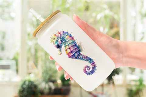 Glass Can Watercolor Boho Seahorse Tribal Art Sublimation artnoy 