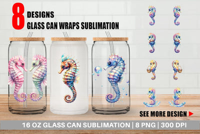Glass Can Watercolor Boho Seahorse Tribal Art Sublimation artnoy 