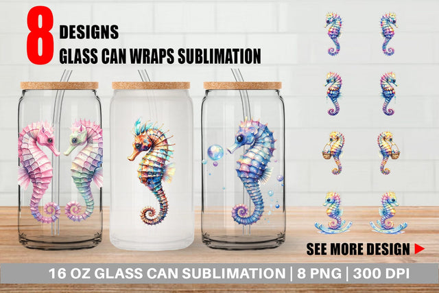 Glass Can Watercolor Boho Seahorse Tribal Art Sublimation artnoy 