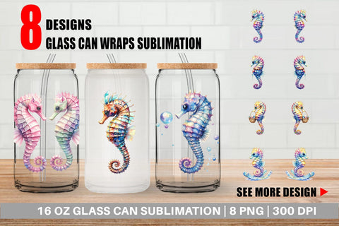 Glass Can Watercolor Boho Seahorse Tribal Art Sublimation artnoy 