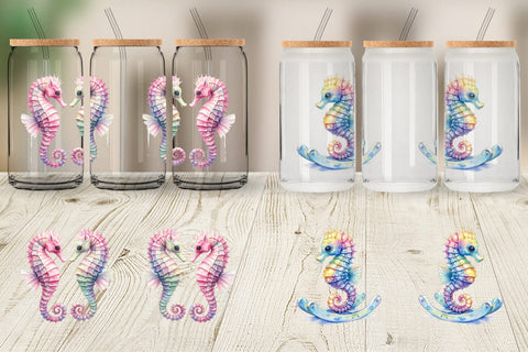 Glass Can Watercolor Boho Seahorse Tribal Art Sublimation artnoy 