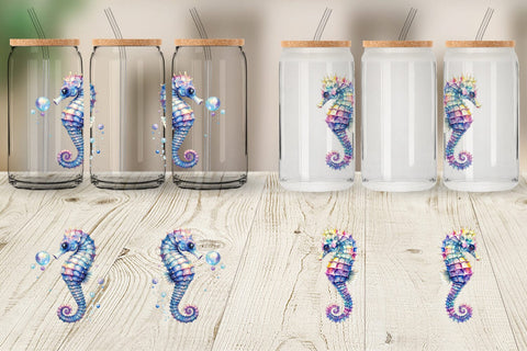 Glass Can Watercolor Boho Seahorse Tribal Art Sublimation artnoy 