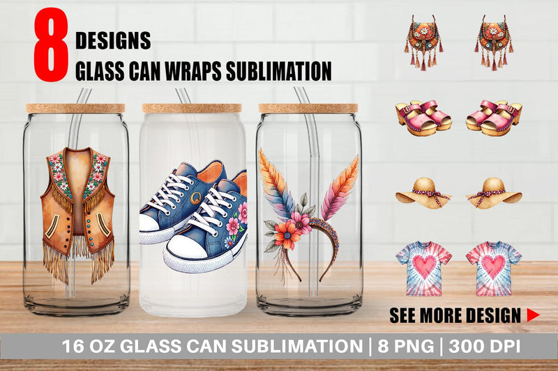 Glass Can Watercolor Boho Spring Fashion 70s Accessories & Attire Sublimation artnoy 