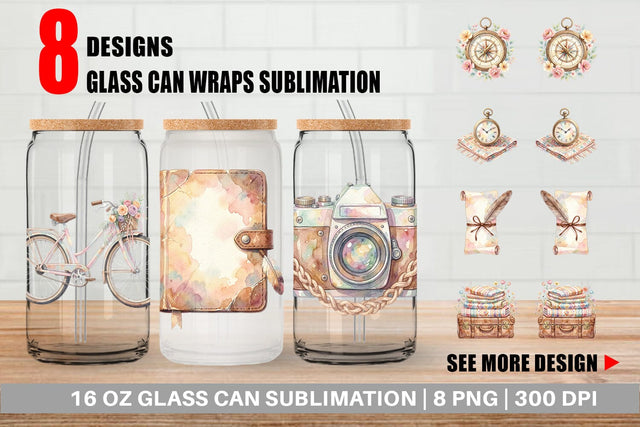 Glass Can Watercolor Boho Vintage Travel Ephemera Sublimation artnoy 