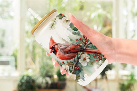 Glass Can Watercolor Cardinal Bird Sublimation artnoy 