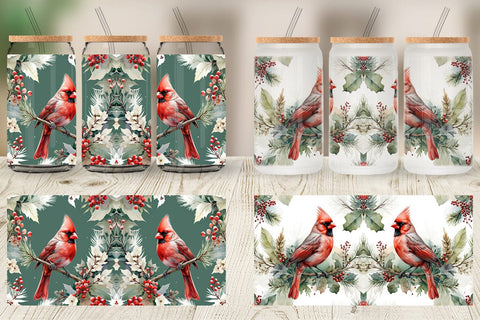 Glass Can Watercolor Cardinal Bird Sublimation artnoy 