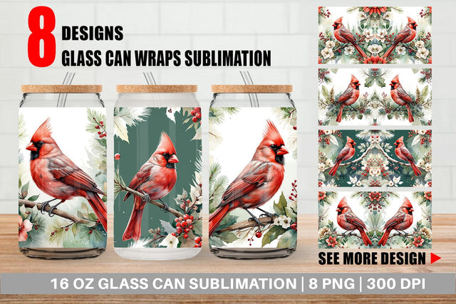 Glass Can Watercolor Cardinal Bird Sublimation artnoy 