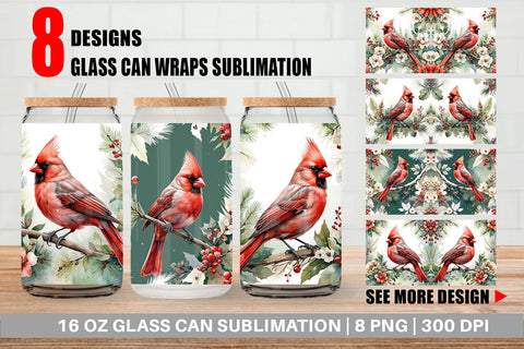 Glass Can Watercolor Cardinal Bird Sublimation artnoy 