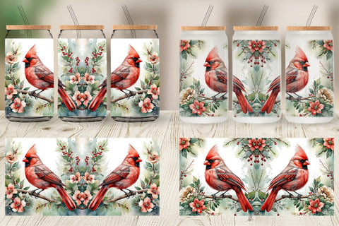 Glass Can Watercolor Cardinal Bird Sublimation artnoy 