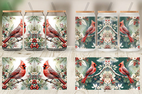 Glass Can Watercolor Cardinal Bird Sublimation artnoy 