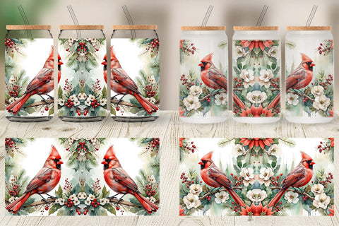 Glass Can Watercolor Cardinal Bird Sublimation artnoy 