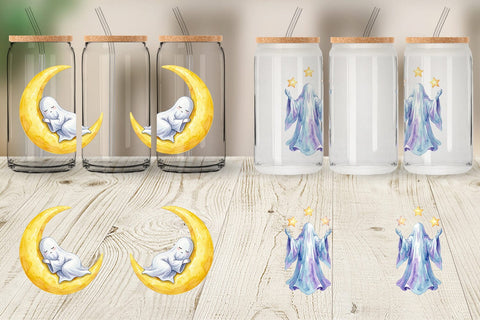 Glass Can Watercolor Celestial Dreaming Moon Ghost Sublimation artnoy 