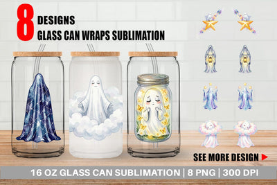 Glass Can Watercolor Celestial Dreaming Moon Ghost Sublimation artnoy 