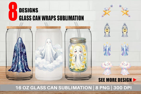 Glass Can Watercolor Celestial Dreaming Moon Ghost Sublimation artnoy 