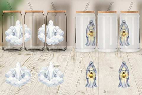 Glass Can Watercolor Celestial Dreaming Moon Ghost Sublimation artnoy 