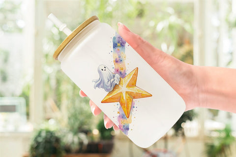 Glass Can Watercolor Celestial Dreaming Moon Ghost Sublimation artnoy 