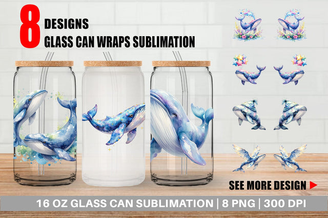 Glass Can Watercolor Celestial Whale Moon Star Sublimation artnoy 