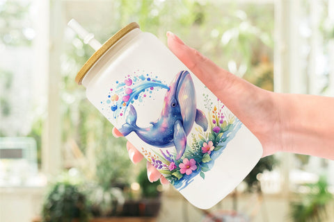 Glass Can Watercolor Celestial Whale Moon Star Sublimation artnoy 