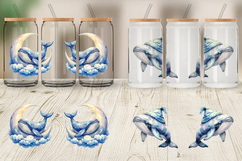 Glass Can Watercolor Celestial Whale Moon Star Sublimation artnoy 