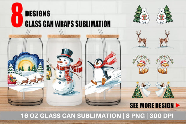 Glass Can Watercolor Christmas Animal Sublimation artnoy 