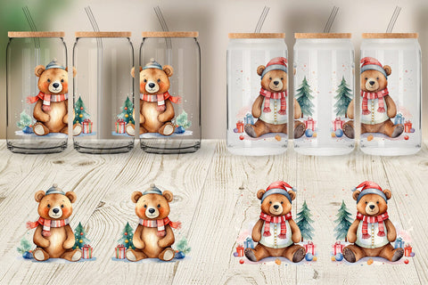 Glass Can Watercolor Christmas Bear Sublimation artnoy 
