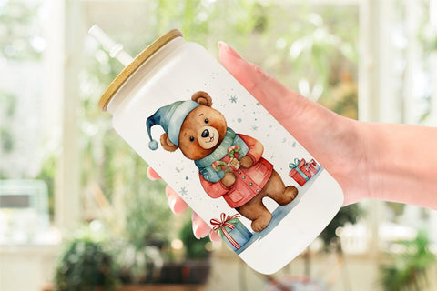 Glass Can Watercolor Christmas Bear Sublimation artnoy 