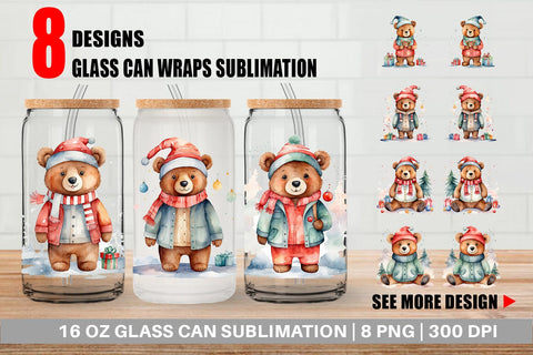 Glass Can Watercolor Christmas Bear Sublimation artnoy 
