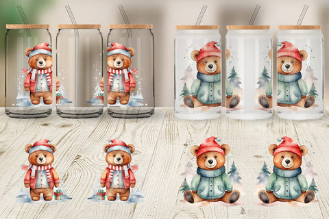 Glass Can Watercolor Christmas Bear Sublimation artnoy 