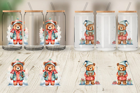 Glass Can Watercolor Christmas Bear Sublimation artnoy 