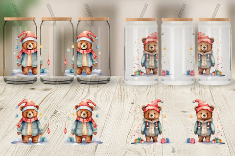Glass Can Watercolor Christmas Bear Sublimation artnoy 