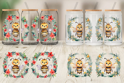 Glass Can Watercolor Christmas Bee Sublimation artnoy 