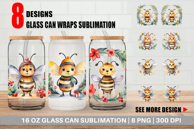 Glass Can Watercolor Christmas Bee Sublimation artnoy 