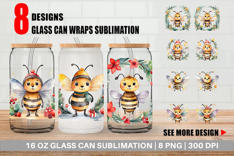 Glass Can Watercolor Christmas Bee Sublimation artnoy 