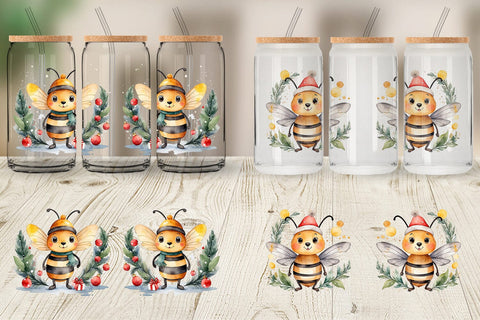 Glass Can Watercolor Christmas Bee Sublimation artnoy 