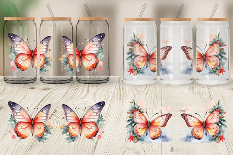 Glass Can Watercolor Christmas Butterfly Sublimation artnoy 