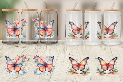 Glass Can Watercolor Christmas Butterfly Sublimation artnoy 