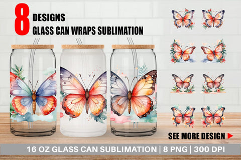 Glass Can Watercolor Christmas Butterfly Sublimation artnoy 