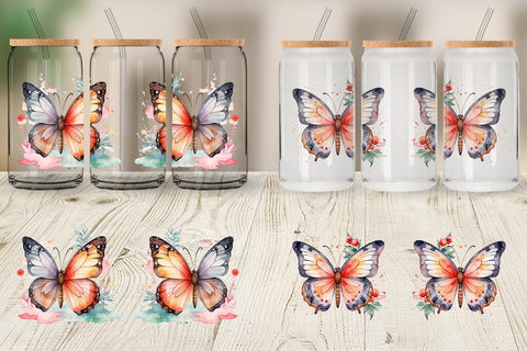Glass Can Watercolor Christmas Butterfly Sublimation artnoy 