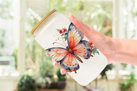 Glass Can Watercolor Christmas Butterfly Sublimation artnoy 